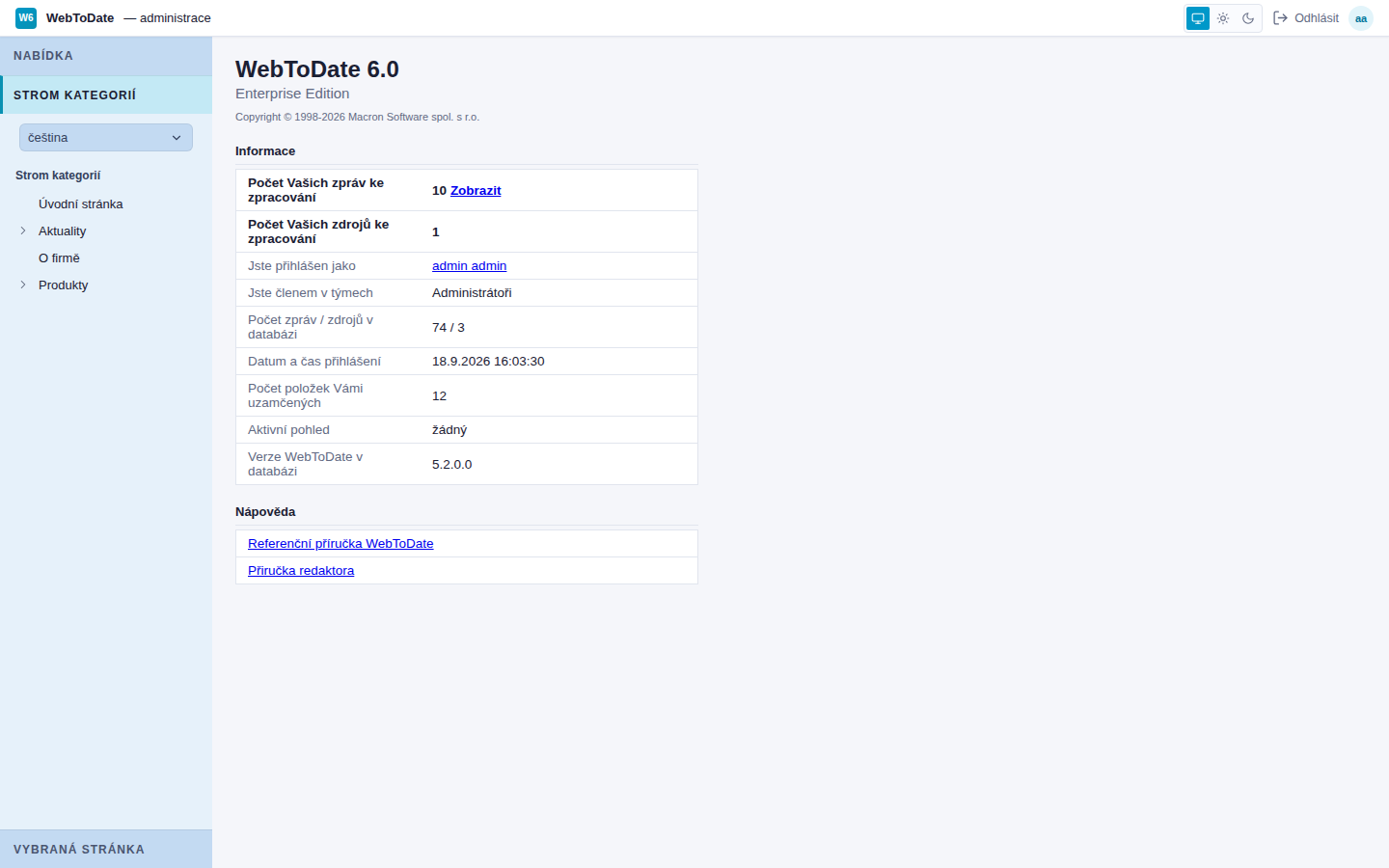 Dashboard administrace WebToDate 6 ve světlém režimu